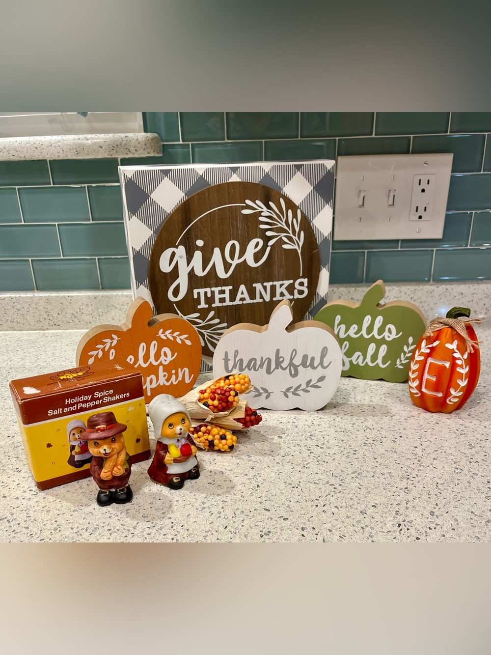 Give Thanks Wooden Fall Sign with Pumpkin Trio. Includes Ceramic S & P Shakers
